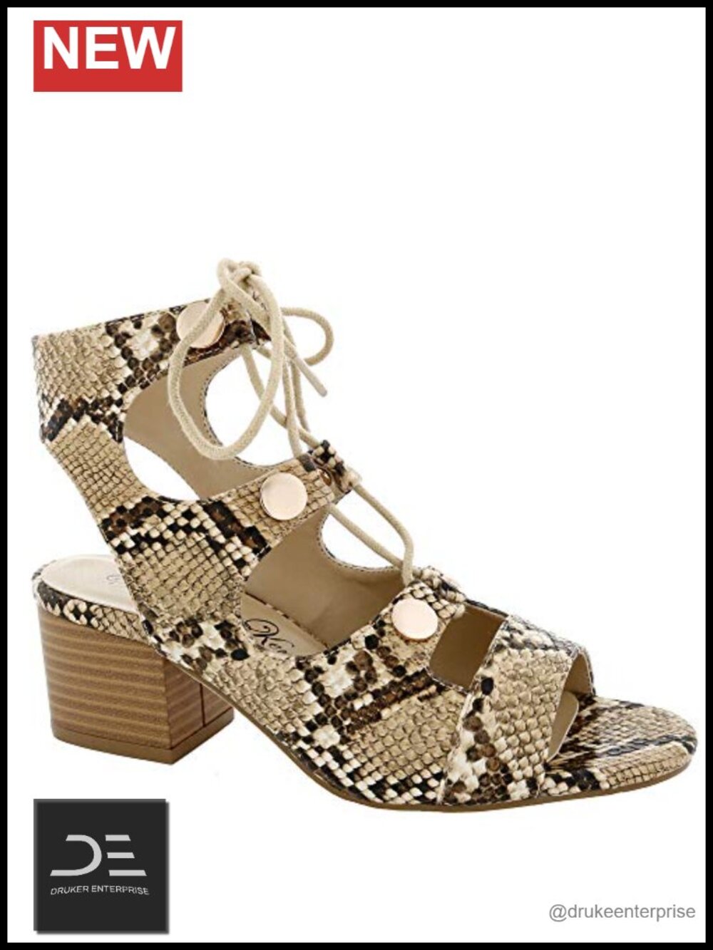 Womens Heeled Sandals Faux Snakeskin Ankle Strap Block Heel Open Toe Tassel